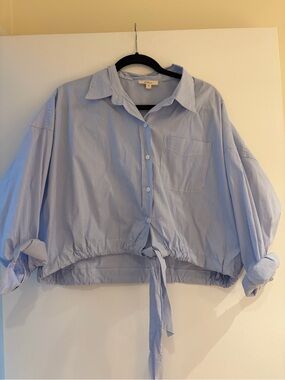 Blue and White Pinstripe Cropped Shirt with Elastic Tie
